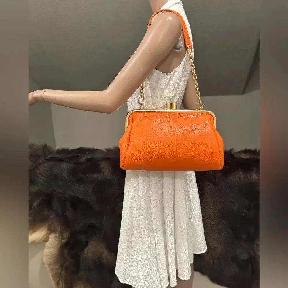 Orange Premium Pebble Cowhide Handmade Large Kiss Lock Handbag/ Multi Use Style